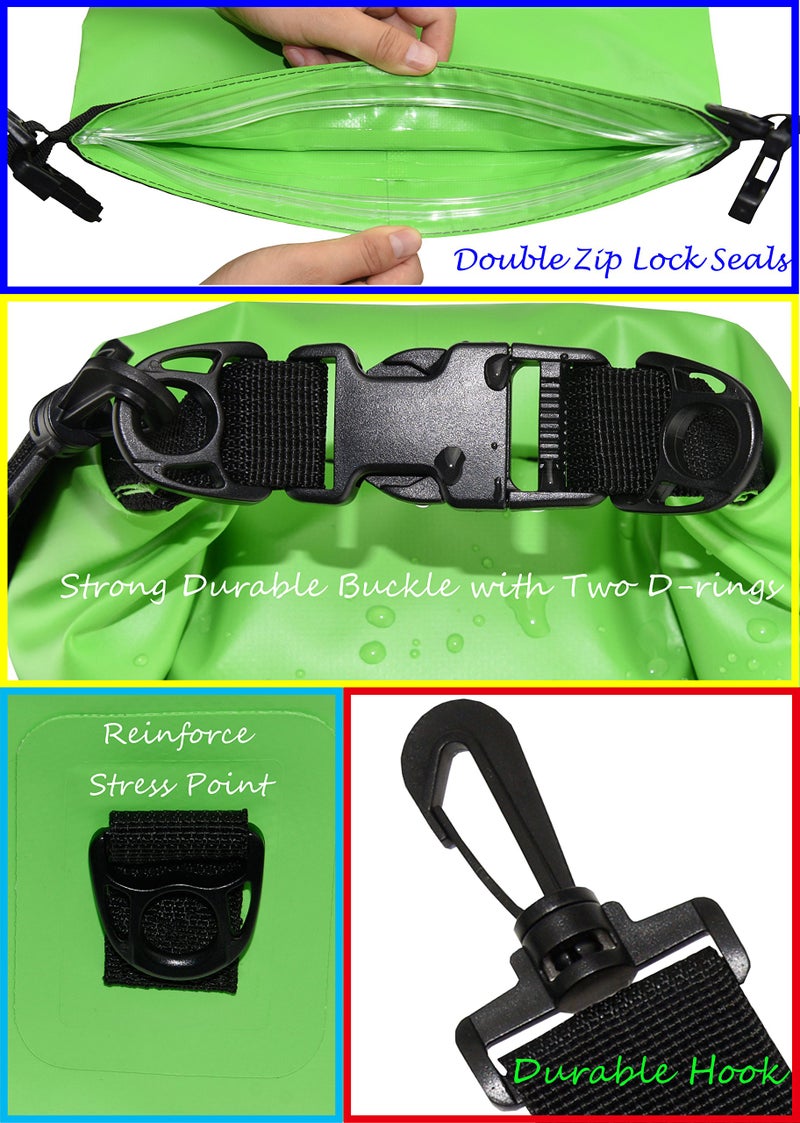 Freegrace Waterproof Dry Bags Set Of 3 Dry Bag With 2 Zip Lock Seals & Detachable Shoulder Strap, Waist Pouch & Phone Case - Can Be Submerged Into Water - For Swimming (Green, 5L) - Image 3